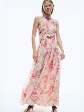 H&M Women Halterneck Floral Dress Pink Tie Detail Long Flared V Neck NWT (XXS)